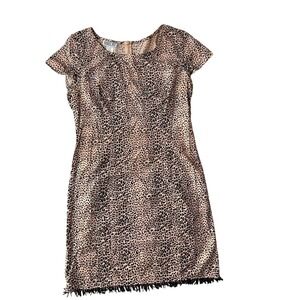 Robbie Bee Vintage Leopard Print Shift Dress Fringe Hem